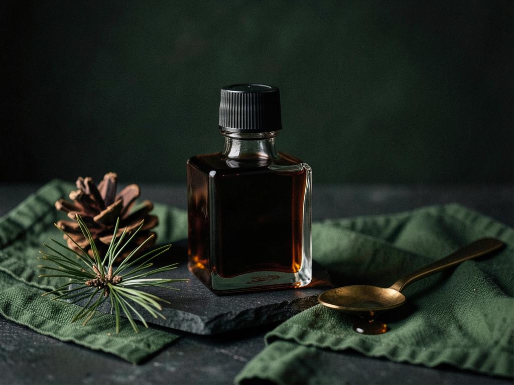 A small glass bottle of dark pinecone bud syrup with a pine branch