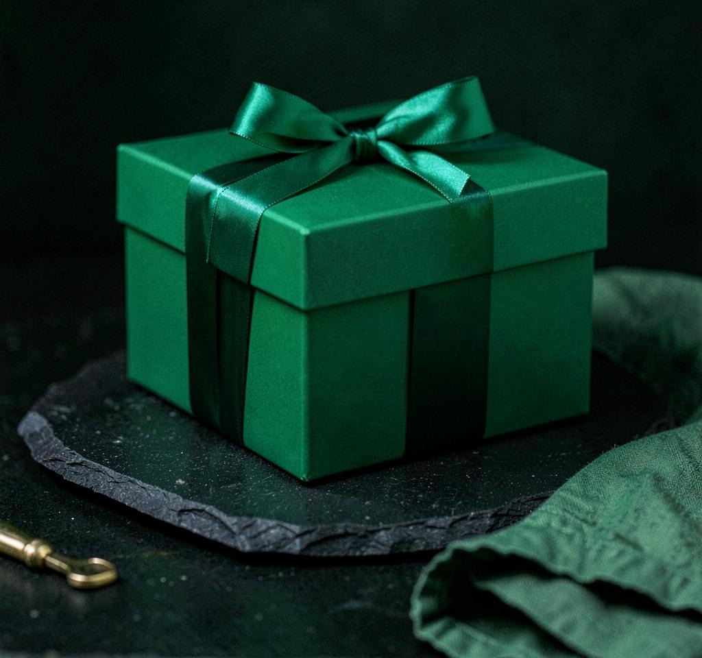 The empty forest-green Trovato gift box with its lid resting beside it