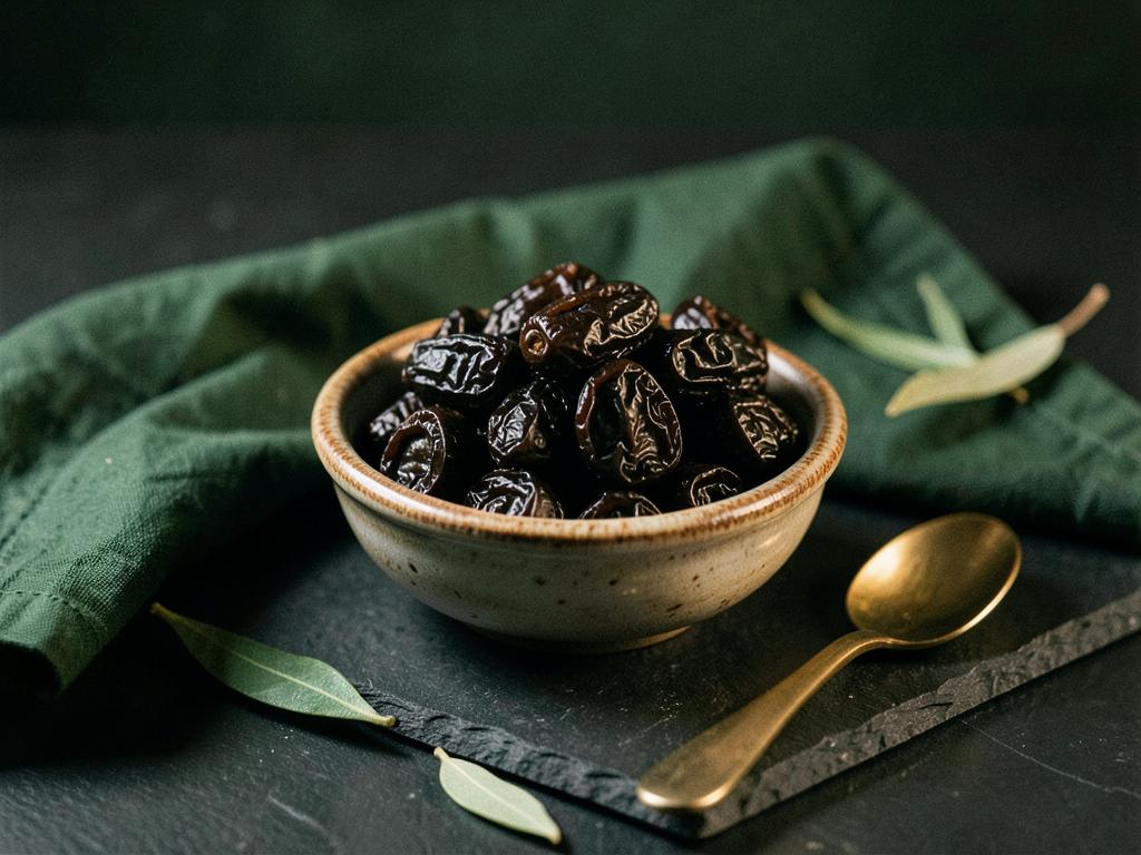 A bowl of crunchy dehydrated black olives on a stone slab