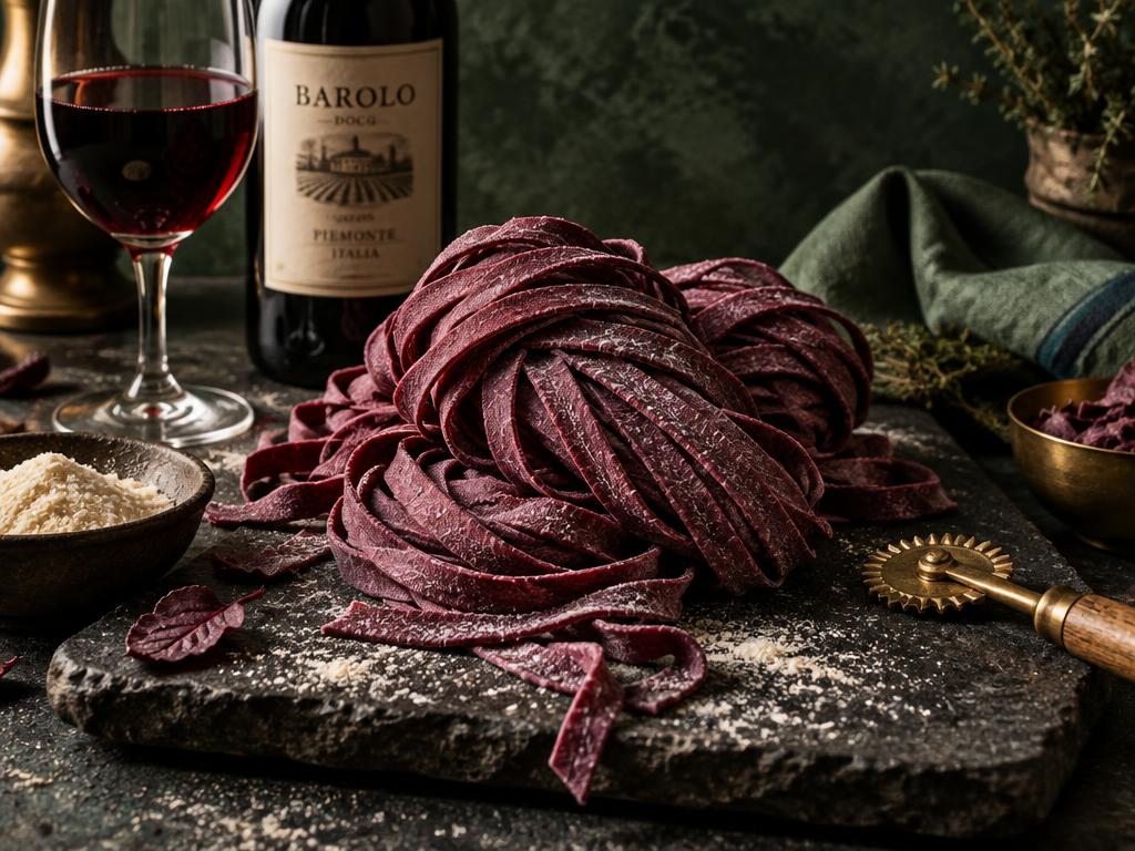 Deep purple-red Barolo wine pasta on a stone slab