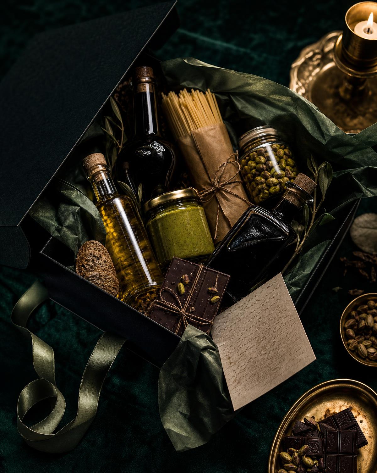 A curated gift box of Italian specialty foods arranged with olive oil, pasta, jars, and chocolate