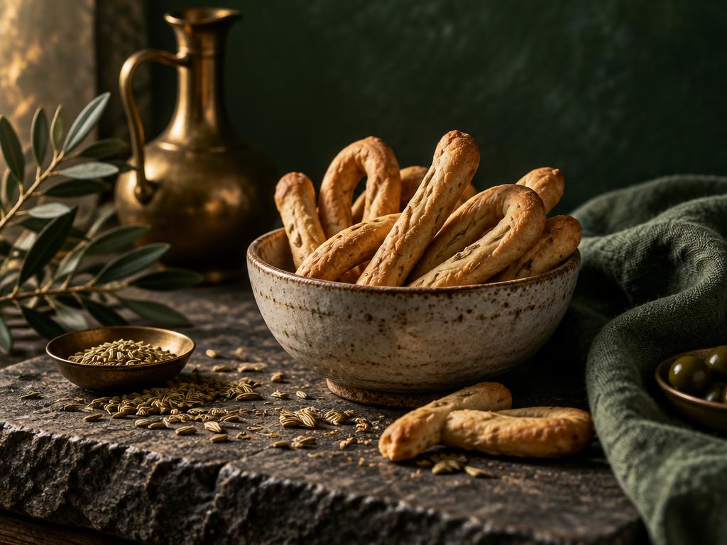 A bowl of golden Pugliese taralli with fennel seeds