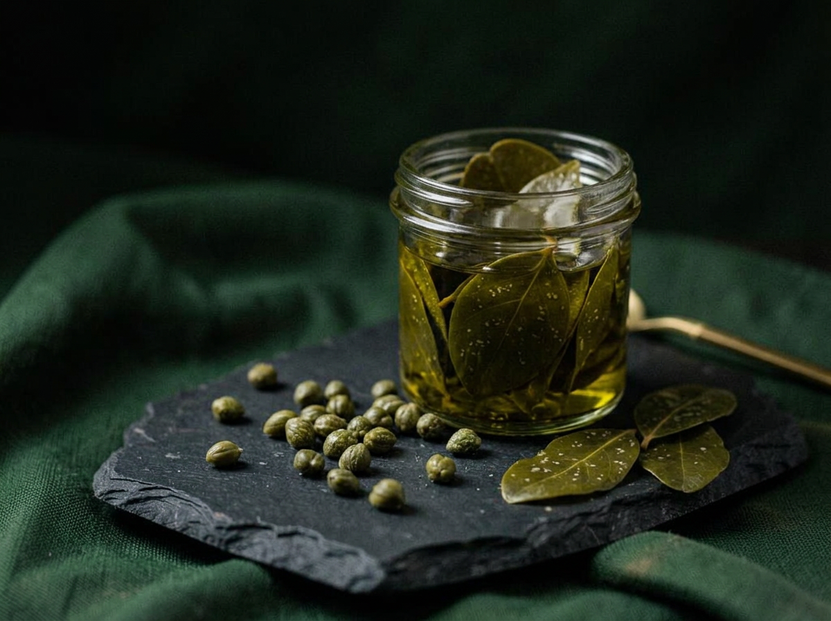 Tender speckled Italian caper leaves preserved in olive oil with capers beside the jar